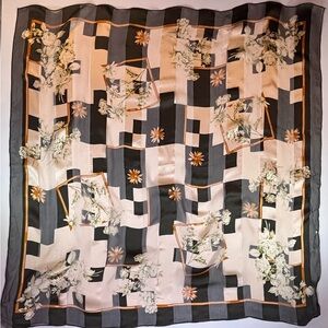 Vintage 100% Silk Floral Scarf By Hiroko Kapp Floral 34”X34”, black/white/orange